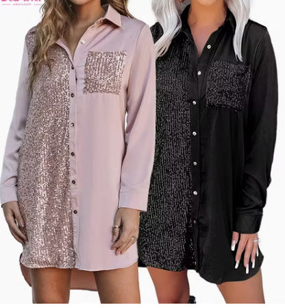 LOVEVOP 2025 New  new  women's clothing, loose long-sleeved shirts, sequined pocket tops,
