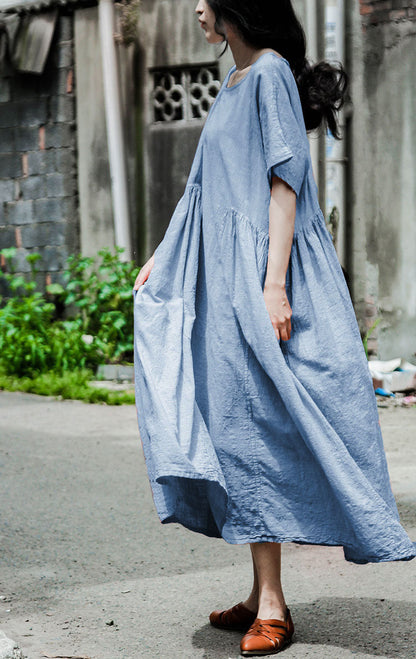 spring and summer small man looking thin and comfortable robe sand washed cotton and linen literary and simple fold dress