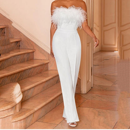 2025 New spring and summer new 2025 women's clothing feather tube top solid color pants one-word shoulder backless sexy jumpsuit