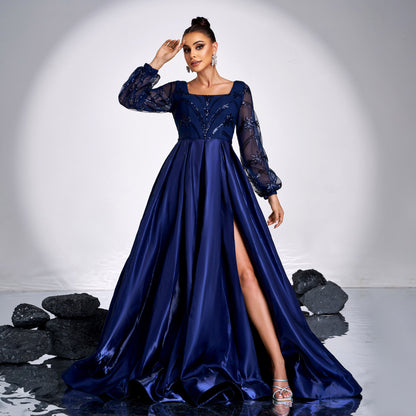 2025 high-end temperament long-sleeved square collar long sequined banquet big pendulum evening dress bridesmaid dress women