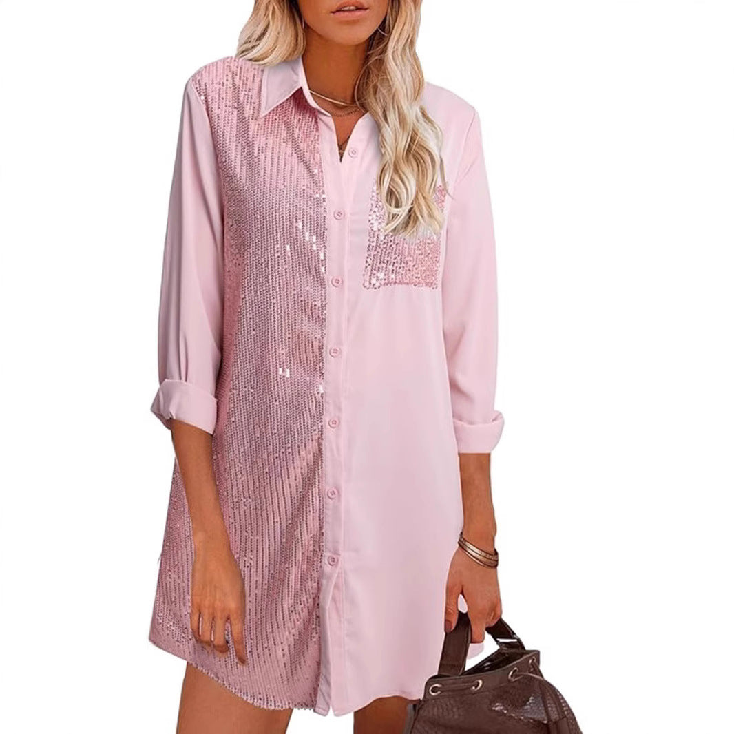 LOVEVOP 2025 New  new  women's clothing, loose long-sleeved shirts, sequined pocket tops,