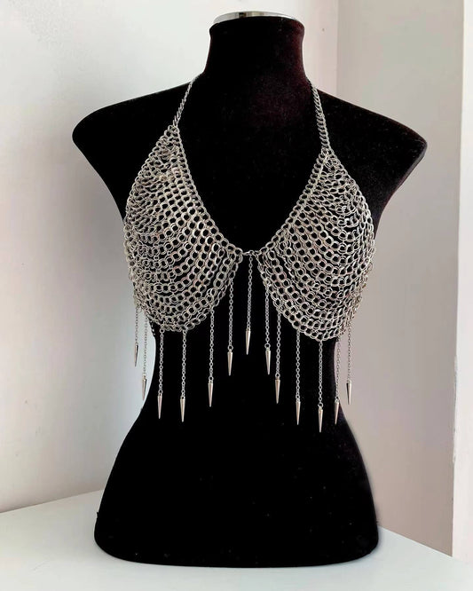 2025 180009  vest small pointed cone fringed pendant metal chain splicing combination top small vest body chain