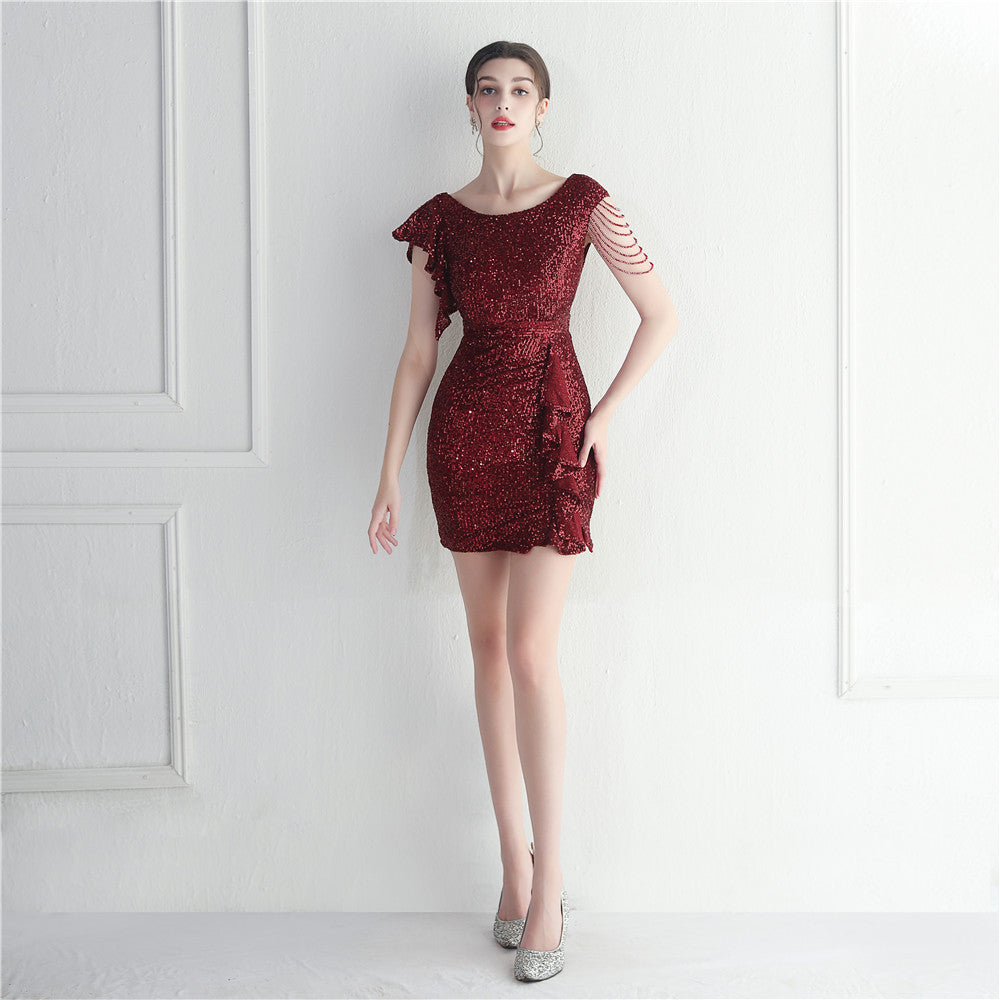 19989 #Hot trade spot beaded sequined short skirt car model Internet celebrity nightclub party sexy hip wrap short dress