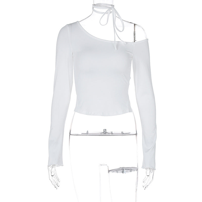 LOVEVOP 2025 INS style women's clothing Hot summer new fashionable solid color slanted shoulder slim shoulder sexy long-sleeved T-shirt top