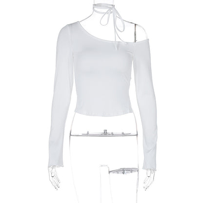 LOVEVOP 2025 INS style women's clothing Hot summer new fashionable solid color slanted shoulder slim shoulder sexy long-sleeved T-shirt top