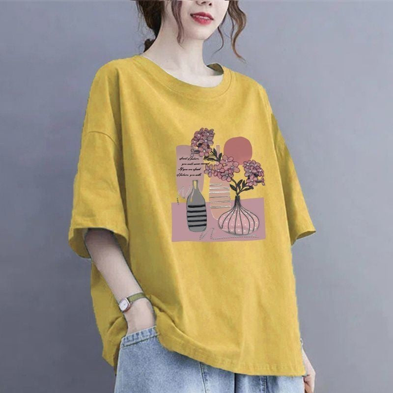 100Kg large size fat MM thin summer loose round neck T-shirt versatile short-sleeved top printed casual T-shirt women