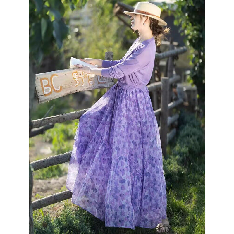 Literary and retro skirt women's  summer new fashion romantic ruffle edge purple versatile skirt