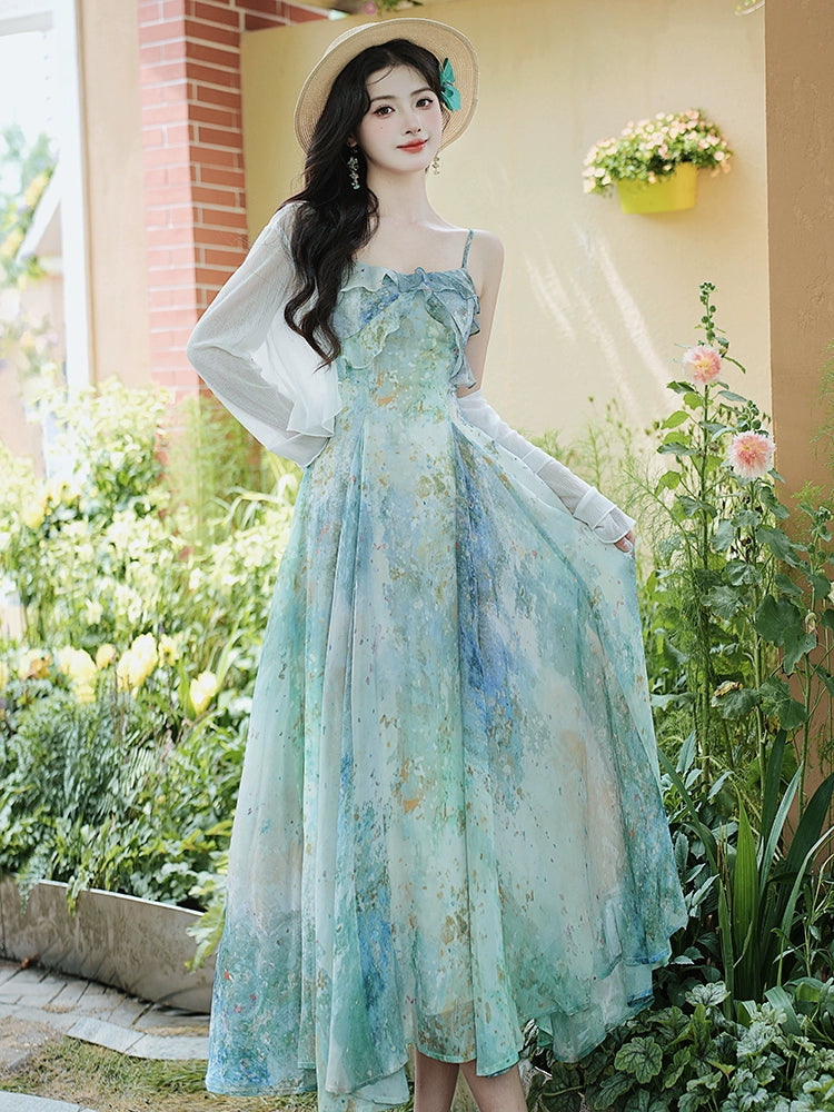 floral suspender long dress women's clothing 2025 summer new waist and thin holiday style oil painting coffee break dress