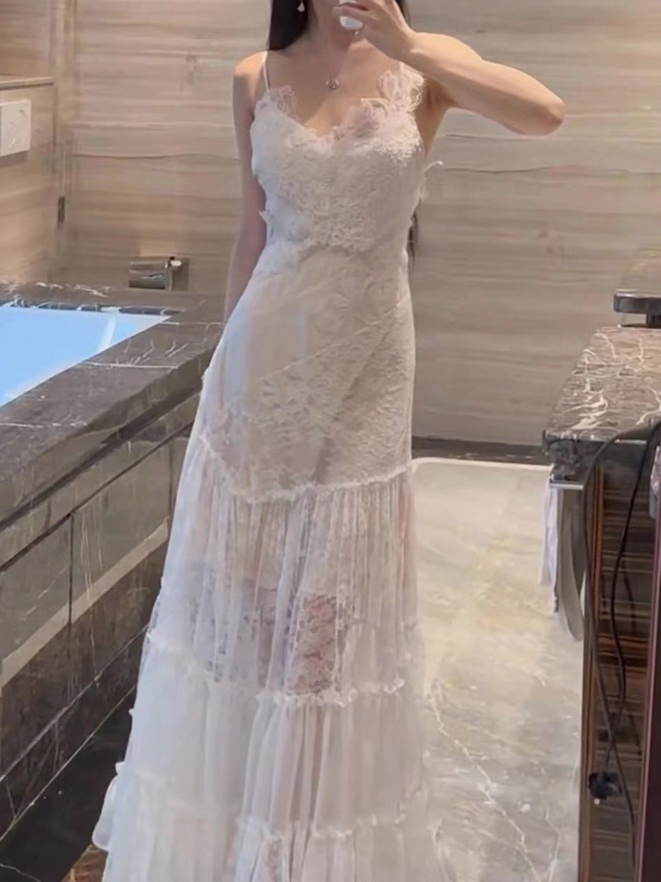 2025 Advanced temperament light familiar style exquisite exquisite Muse fan thin white suspender dress popular new summer