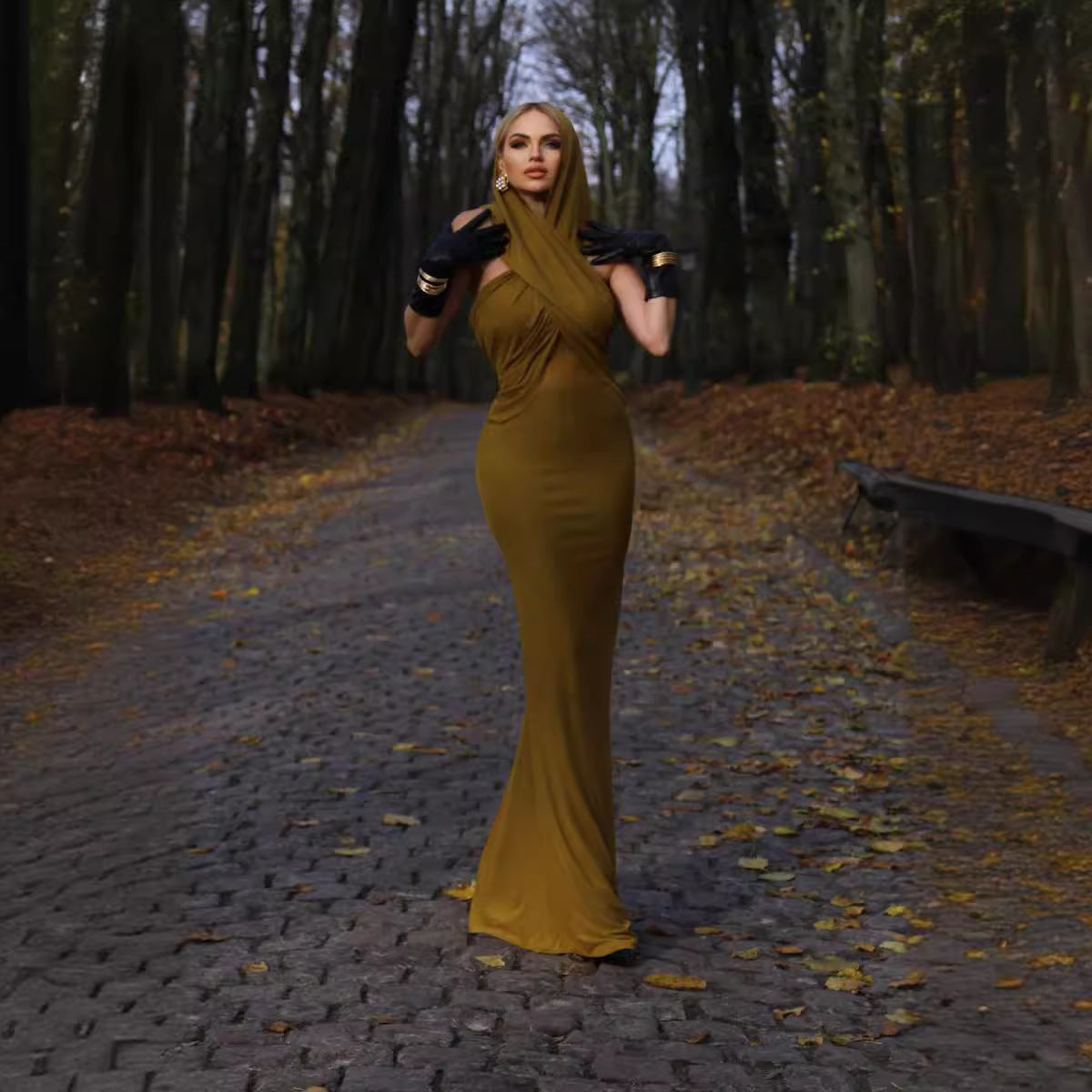 LOVEVOP Summer turmeric sleeveless cross-hooded mesh dress  women's clothing New new sexy backless long dress