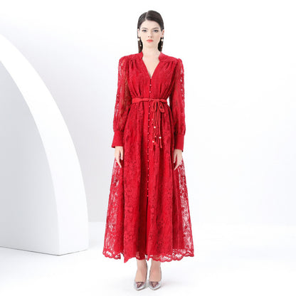 style elegant V-neck single-breasted heavy industry crochet embroidery lantern sleeve lace-up waist pendulum long dress