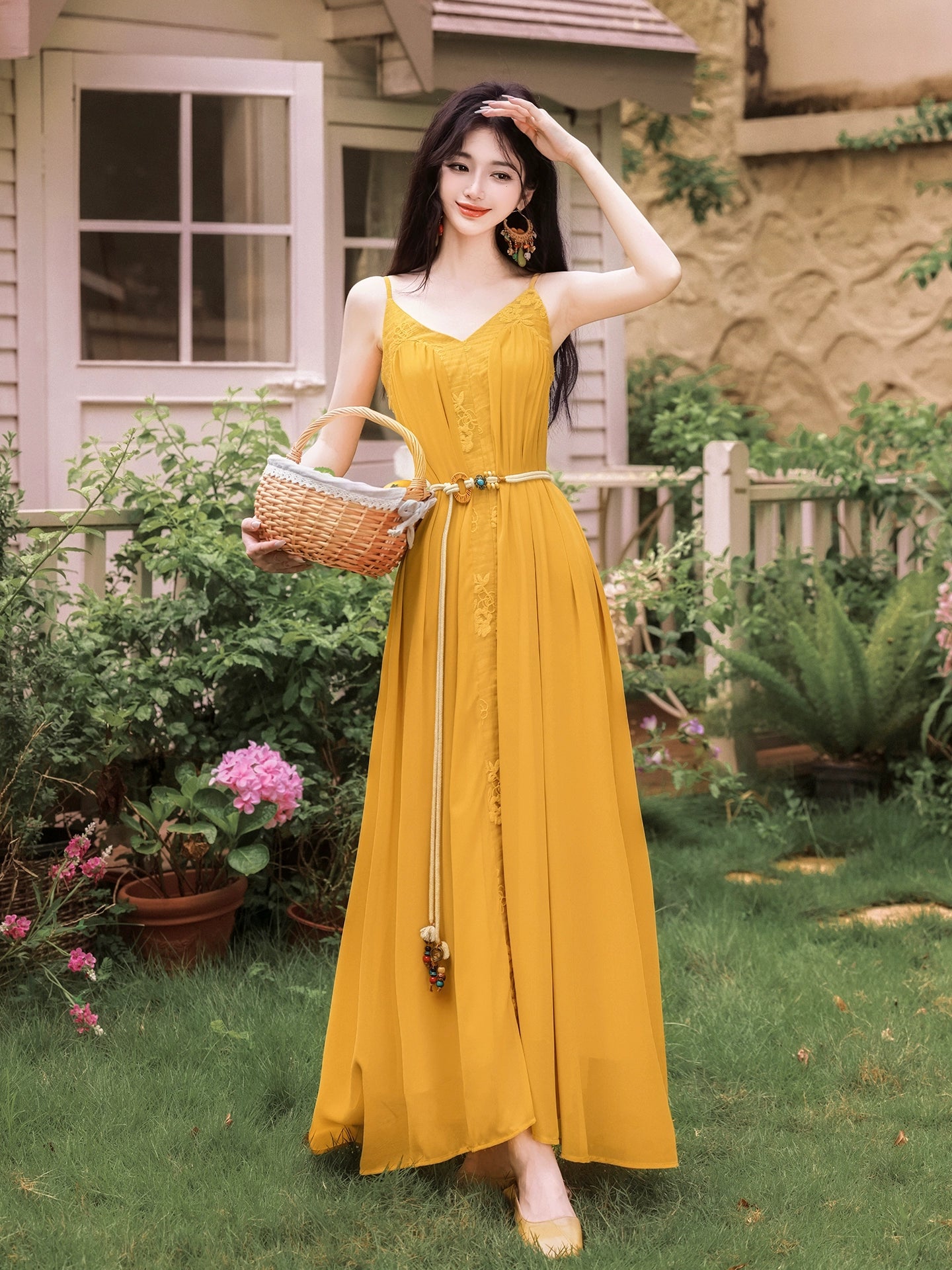 Summer is very beautiful, southern  seaside vacation dress, suspender long dress with shawl suit skirt, yellow grassland dress.