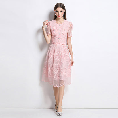 temperament socialite heavy industry crochet embroidery pearl buckle bubble sleeve top high waist pleated skirt two-piece set