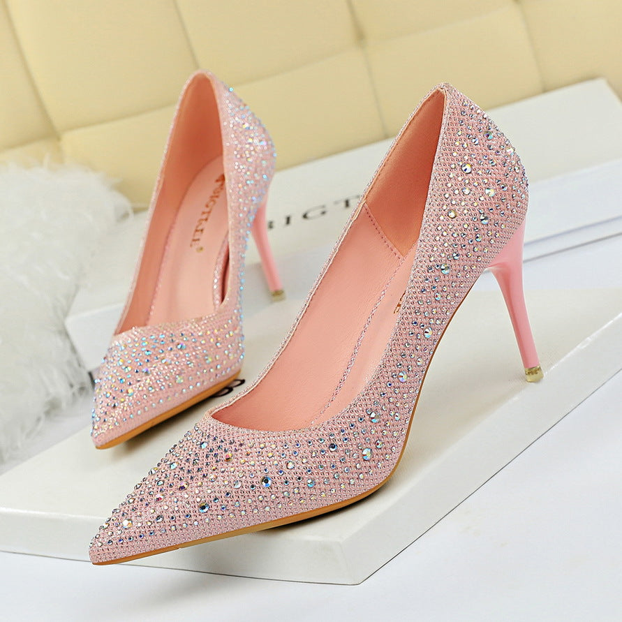 2025 9219-A22 Korean version of fashion wedding shoes, high heels, stiletto heels, shallow mouth, pointed head, sexy banquet rhinestone shoes
