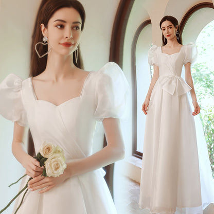 White bubble sleeve bridal light wedding dress princess temperament performance catwalk art test chorus host long evening dress