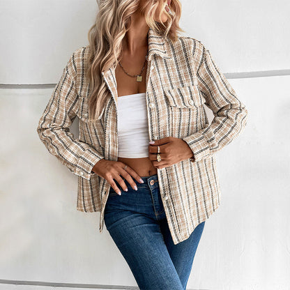 LOVEVOP trade Hot autumn and winter new 2025 small fragrant design jacket retro  plaid cardigan