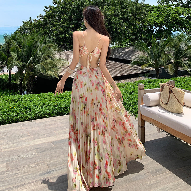 2025 Fairy atmosphere sense beautiful floral dress women's summer new temperament waist thin pleated Spice Girl pleated skirt