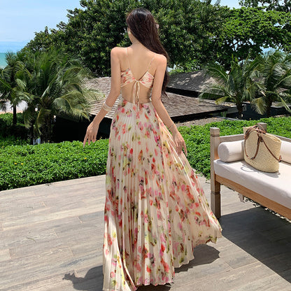 2025 Fairy atmosphere sense beautiful floral dress women's summer new temperament waist thin pleated Spice Girl pleated skirt