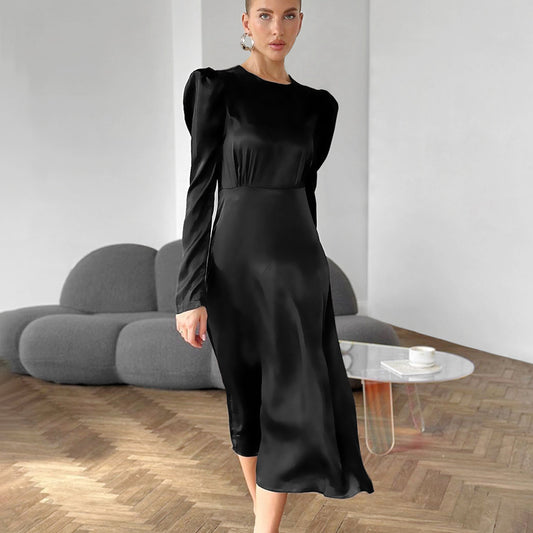 2025 Autumn Black Fashion Thick Matte Satin Satin Crew Neck Bubble Sleeves Russian Commuter Sexy Dress Women's Clothing