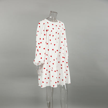 2025 fashion versatile crew neck dress women's  autumn bubble sleeve sleeve A-shaped skirt loose casual printing