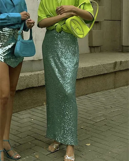 2025 2025 new fashionable high-waisted and thin sequined skirt women's elastic waist back split elastic straight skirt