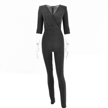 2025 women's clothing spring and autumn new sexy tops New Popular trade deep V-neck chest-wrapped shoulder pads half-sleeved bright silk jumpsuits