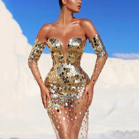 summer new New  women's dress sequined shoulder sexy mesh perspective long evening dress