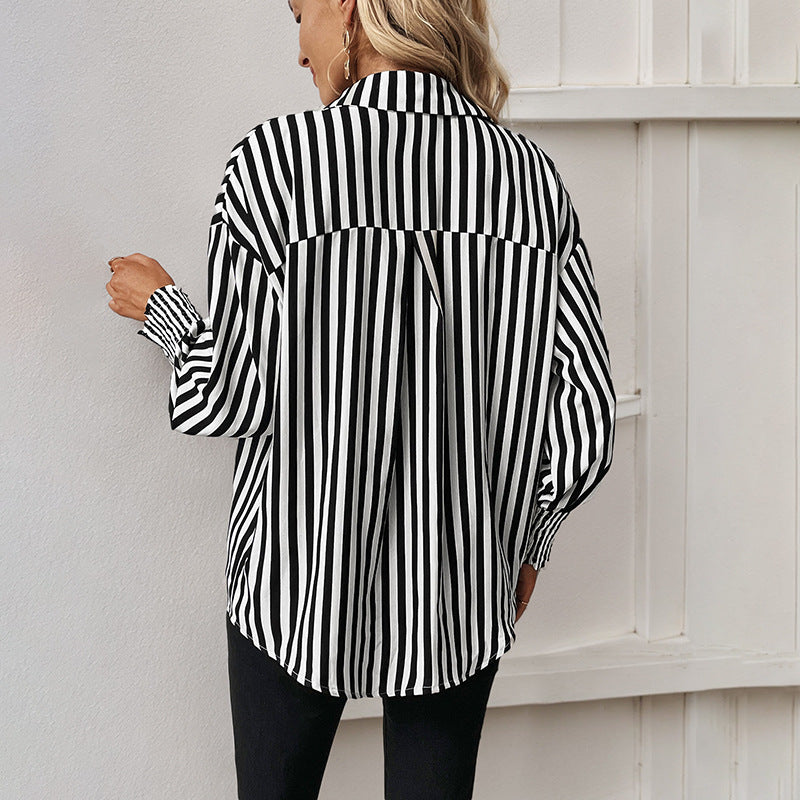 LOVEVOP independent station wholesale Hot new foreign trade 2025 tops cross-border long-sleeved black and white striped shirts women