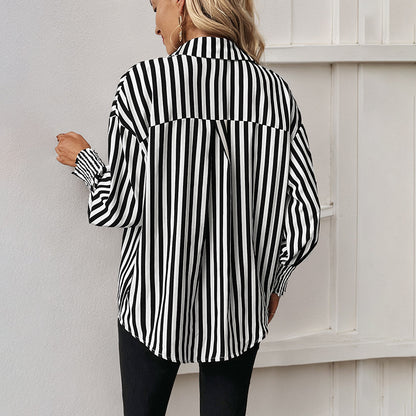 LOVEVOP independent station wholesale Hot new foreign trade 2025 tops cross-border long-sleeved black and white striped shirts women