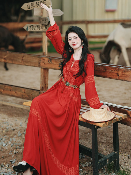 stunning retro embroidered dress women's bohemian vacation dress desert red dress red grassland dress