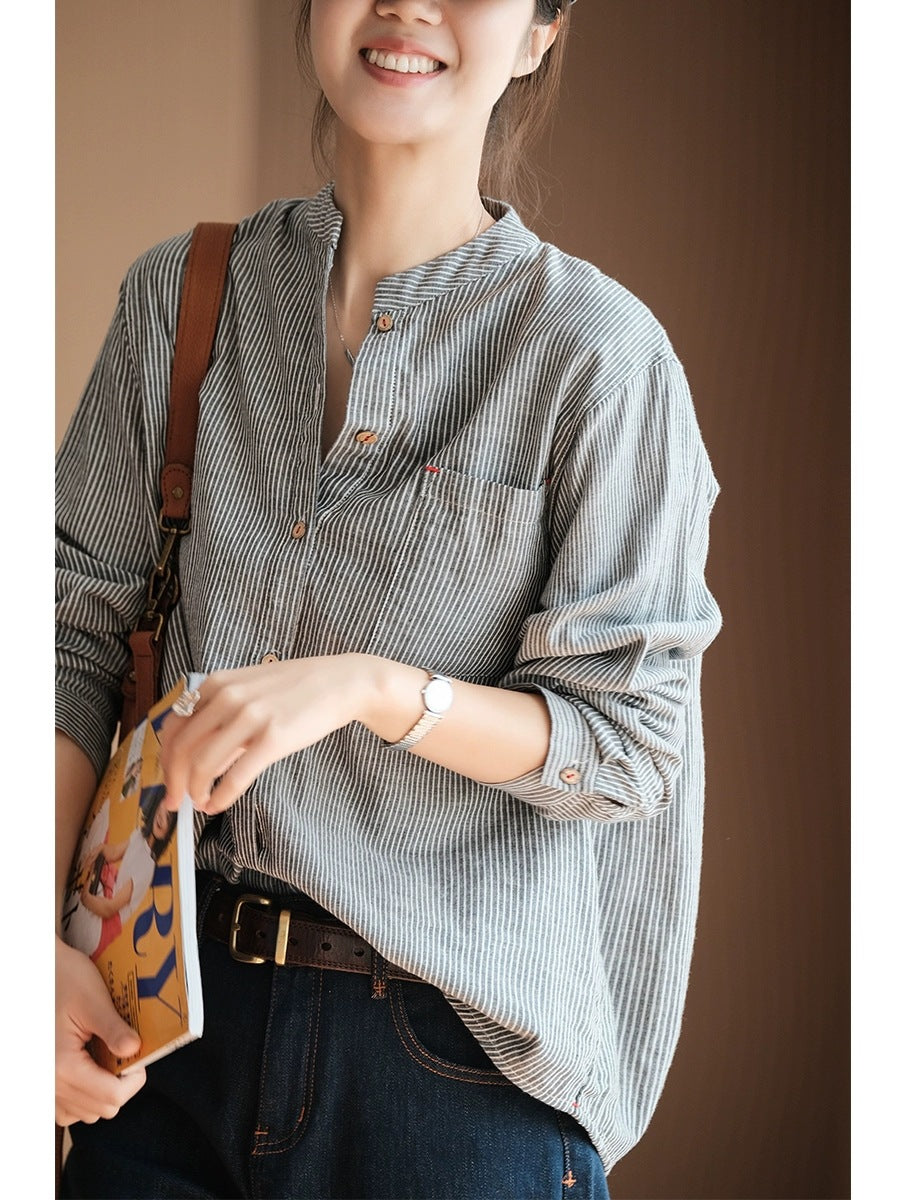 summer new Japanese simple literary and retro striped shirt loose large size versatile long-sleeved top women