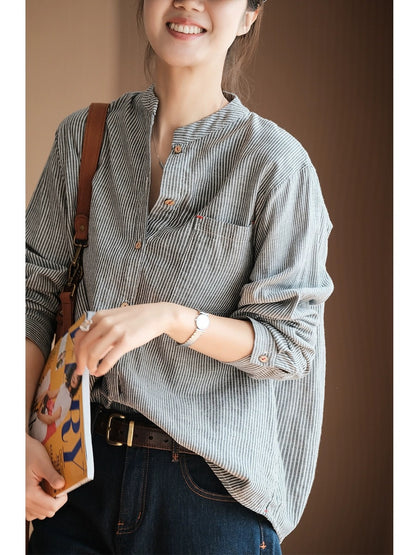 summer new Japanese simple literary and retro striped shirt loose large size versatile long-sleeved top women