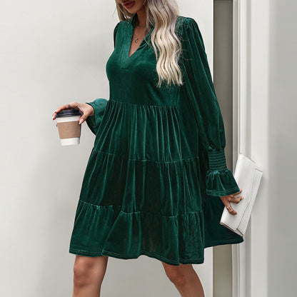 LOVEVOP Europe and the United States cross-border foreign trade women's clothing autumn atmosphere elegant skirt V-neck ruffle edge velvet dress