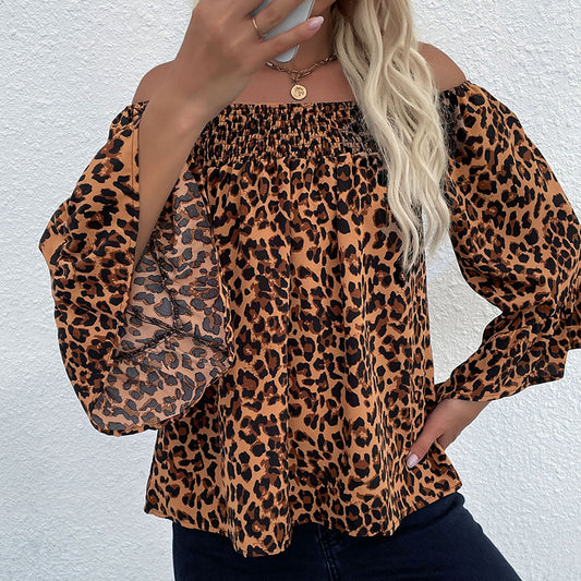 LOVEVOP Cross-border New Autumn New Women's Clothing Loose One-Word Shoulder Pullover Bottom Leopard Chiffon Shirt