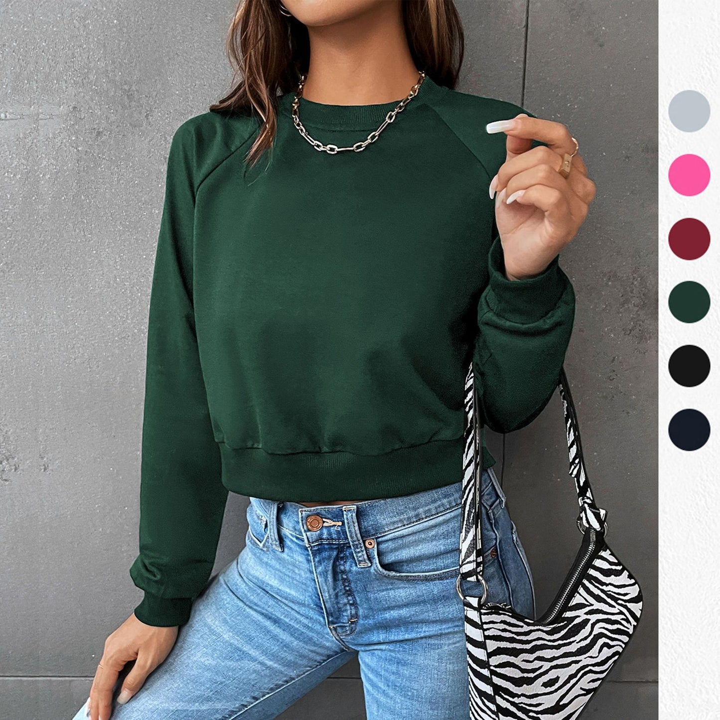 LOVEVOP popular New Early Autumn Casual Sports Rough Sleeve Top Hot Trade Color Matching Short Navel Crew Neck Pullover Sweater