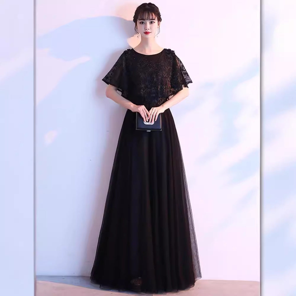 2025 Long evening dress skirt women's large size high-end banquet adult temperament black high-end feeling thin 100kg fat mm belly cover