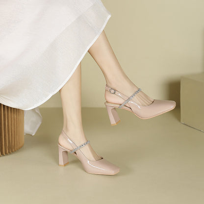 2025 778-11 one-word square head thick heel high heels women's 2025 summer new rhinestone empty bag head high heel sandals