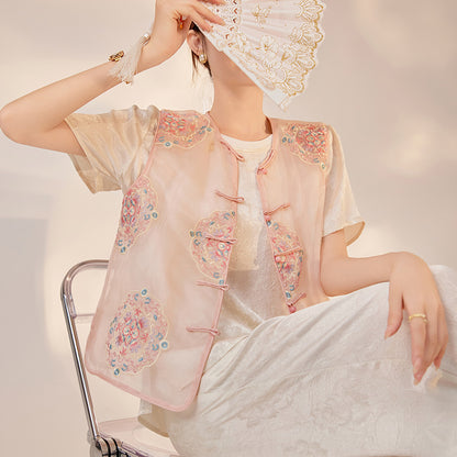 summer new light vest new Chinese buckle high-end design embroidered mulberry silk top women's M6031