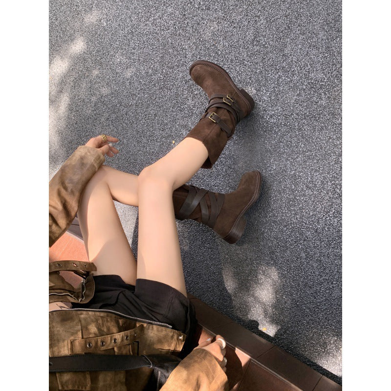 2025  Boots Maillard Travel Wear Summer Belt Buckle Pile Boots Western Cowboy Boots Tall Wasteland Boots Women