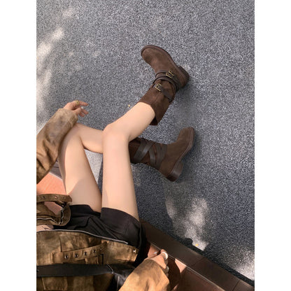 2025  Boots Maillard Travel Wear Summer Belt Buckle Pile Boots Western Cowboy Boots Tall Wasteland Boots Women