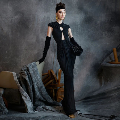 LOVEVOP popular New Elegant Long Mesh Hollow Dress Dinner Fashion Retro Autumn and Winter  Women's Clothing Express