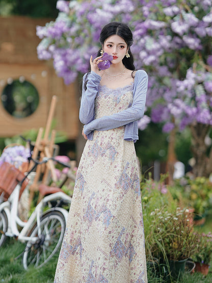 Huge good-looking  lace floral dress temperament beautiful long dress children's vacation style suspender and cardigan set