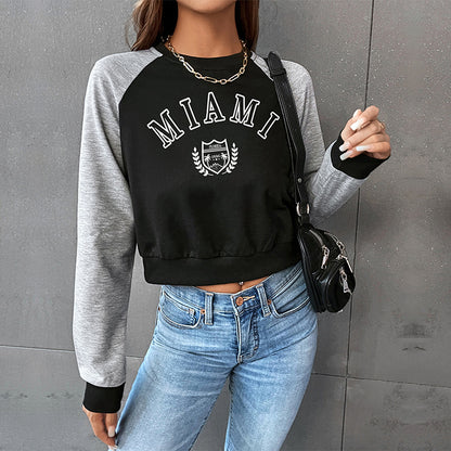 LOVEVOP popular new spring leisure sports college style 2025 color matching short navel round neck letter pullover sweater women
