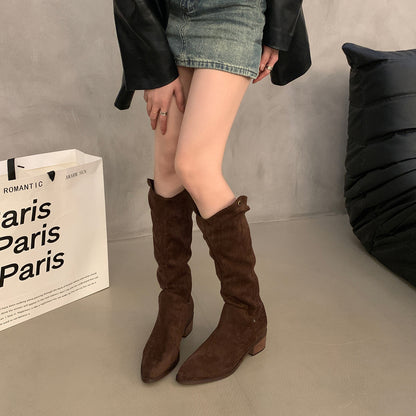 2025  Frosted suede two-wear stacking boots, new outdoor western cowboy boots V-mouth long knight boots in autumn and winter popular