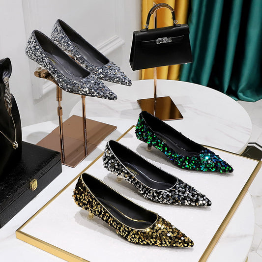 2025 237-21 Korean version of the new fashion temperament banquet sparkling sequined women's shoes mid-heel shallow mouth pointed head sparkling single shoes