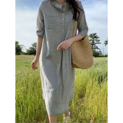 Design temperament literary striped shirt dress women's  summer new Korean version loose and thin medium and long dress