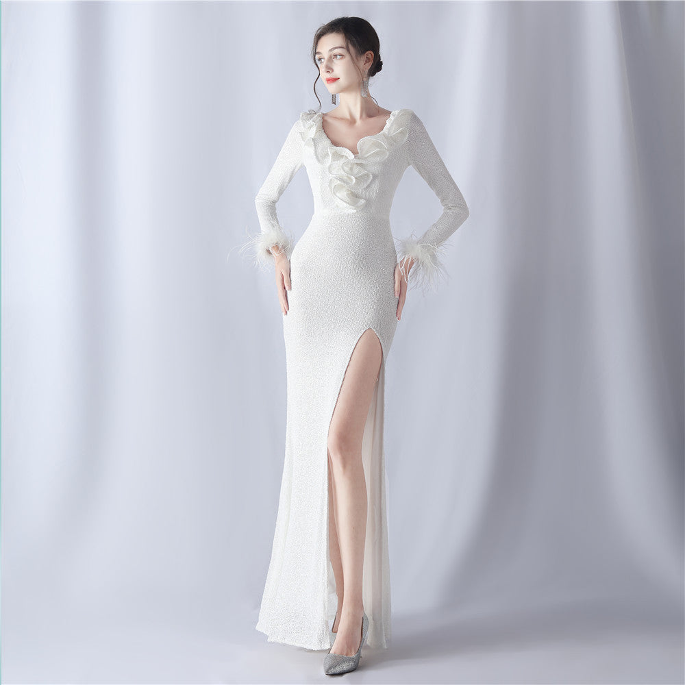 31561 #ostrich hair craft wave beads decoration Popular trade new popular high-end evening dress