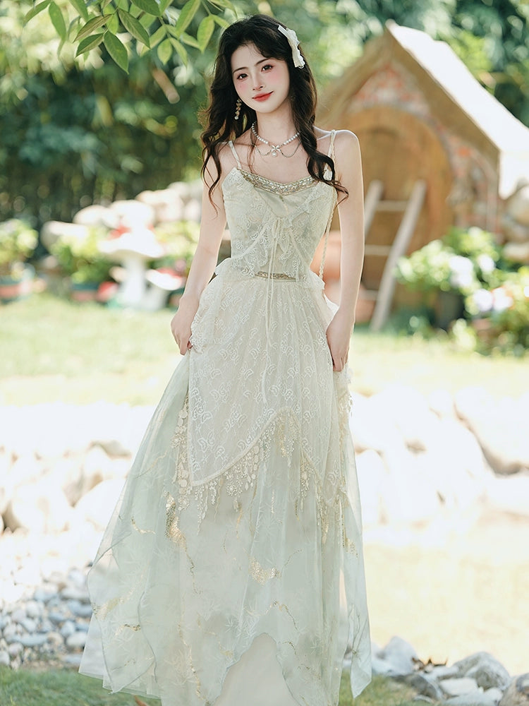 2025 Huge beautiful summer dress exotic style wear seaside vacation  lace embroidered suspender skirt set