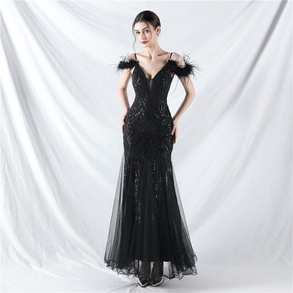 31971 #9 color craft order ostrich hair mesh beads sexy suspender dress evening dress