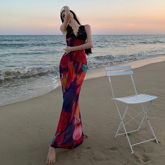 2025 New  pure desire vacation style lace splicing sexy V-neck backless dress high waist suspender dress